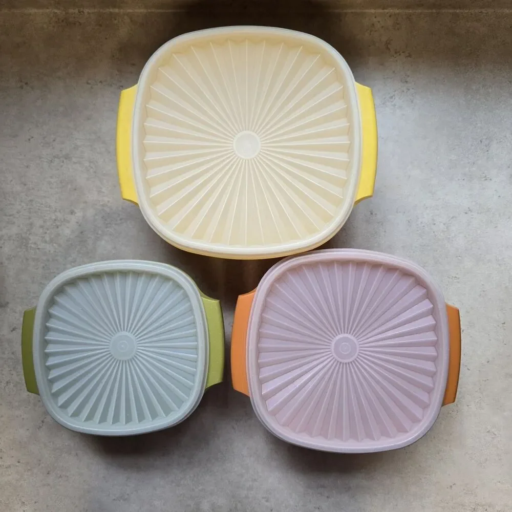 Tupperware Vintage Square Bowl & Lid Set 3pc Yellow Green Orange Plastic